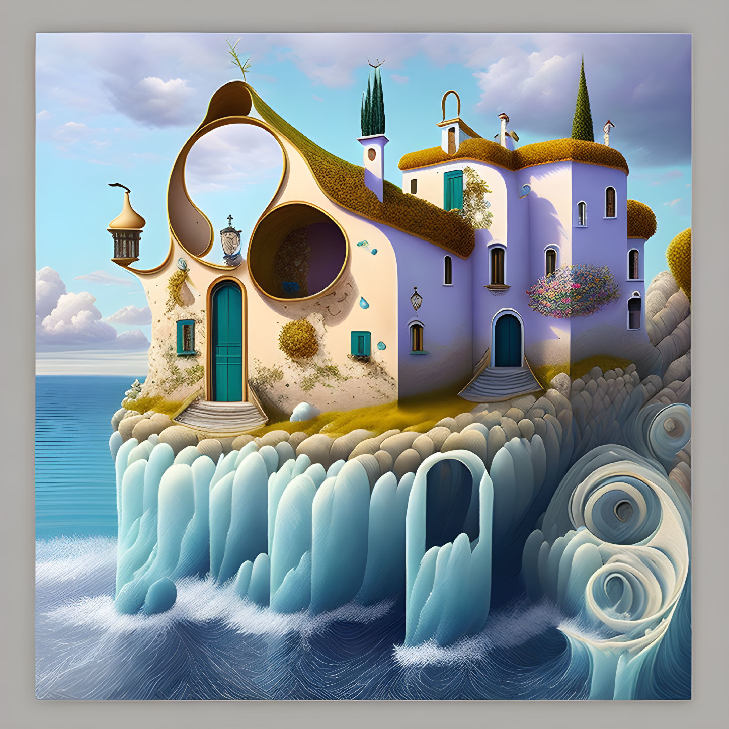 Surreal artwork of whimsical building on cliff with organic shapes and lush greenery.