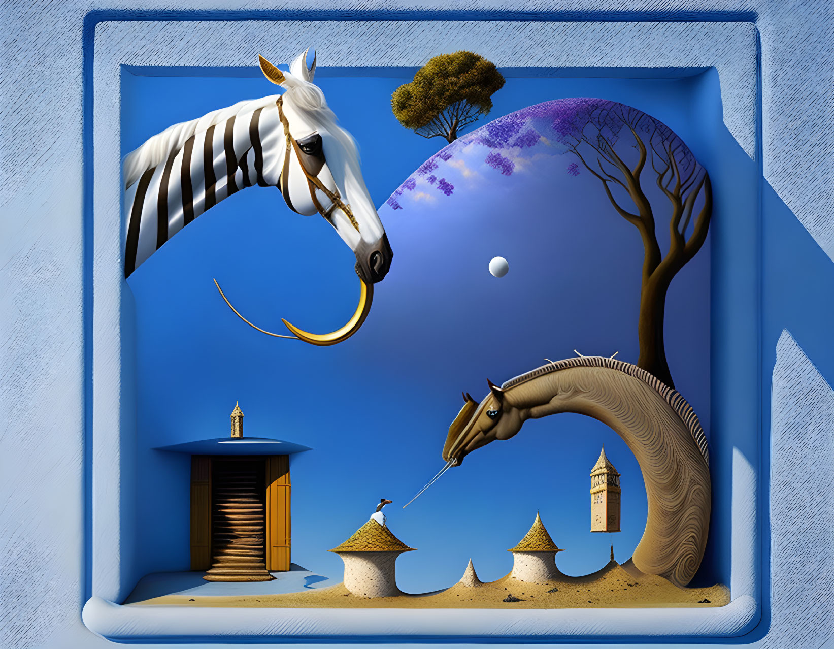 Surreal zebra-striped horse and giraffe in whimsical landscape