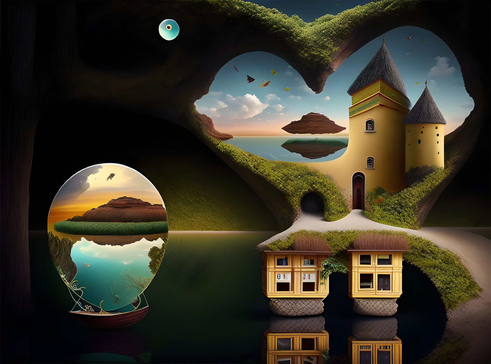 Surreal landscape with heart-shaped tree, castle, floating islands, and portals