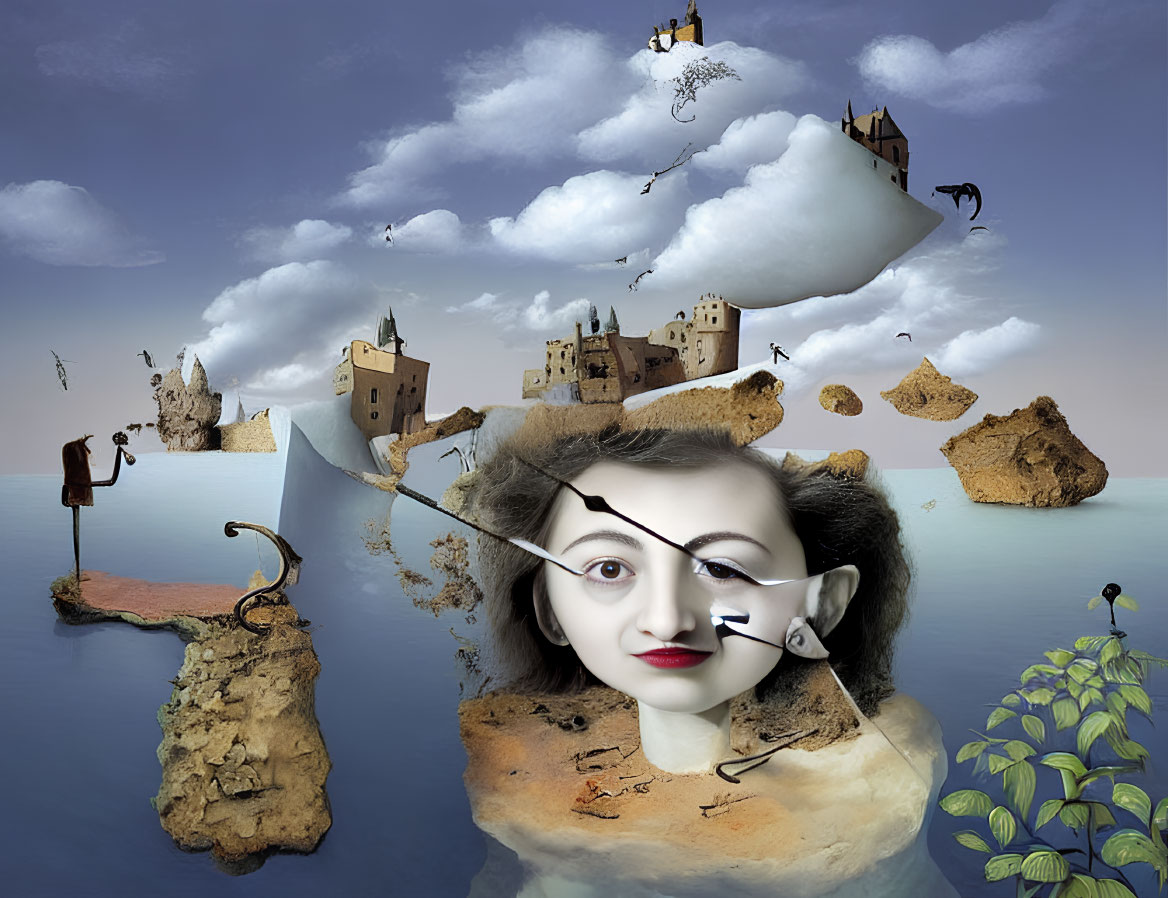 Floating islands with buildings & large face in surreal artwork