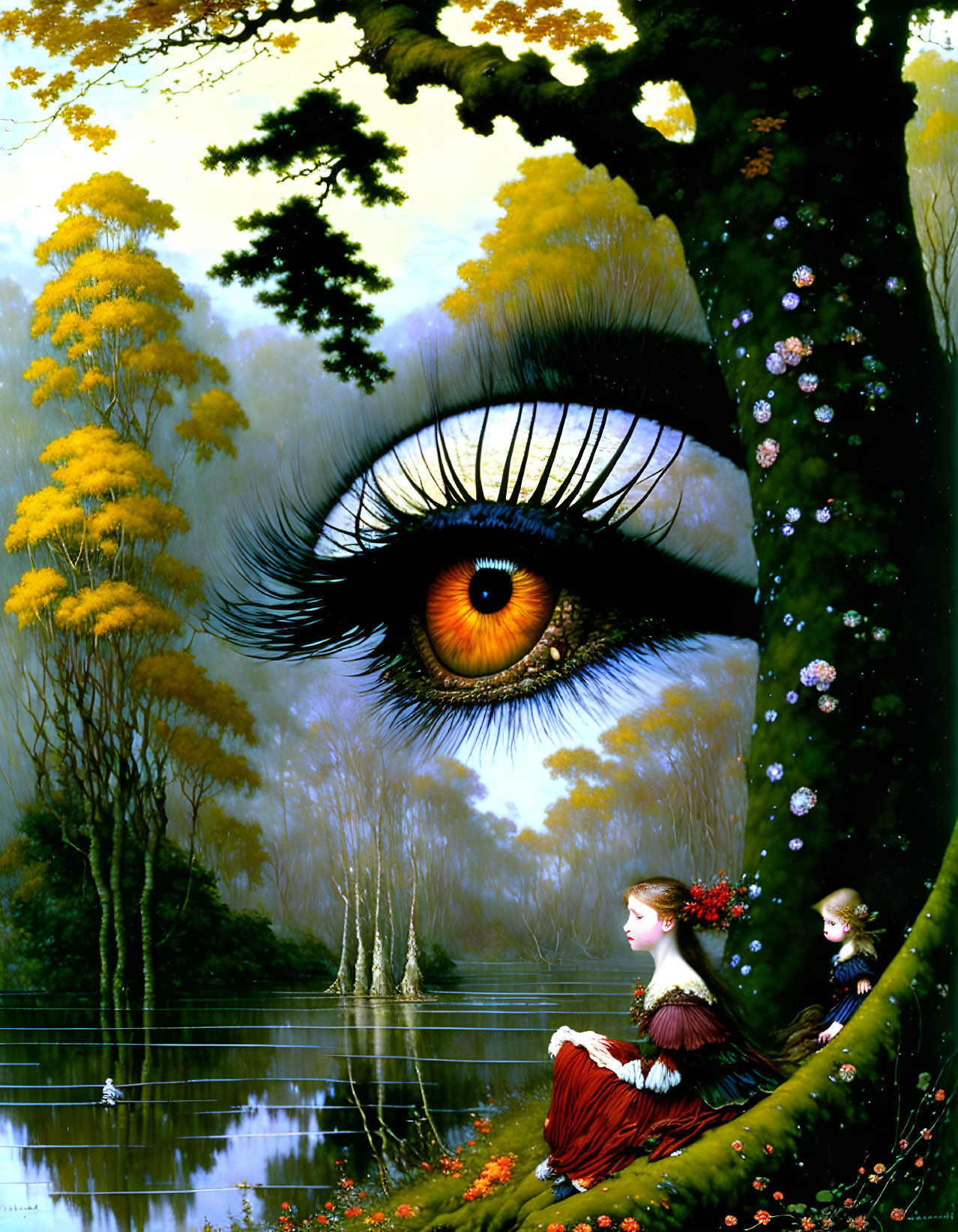 Surreal image: oversized human eye in forest with small figures by water