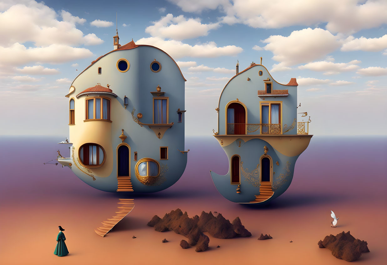 Whimsical floating houses in desert with figure and bird