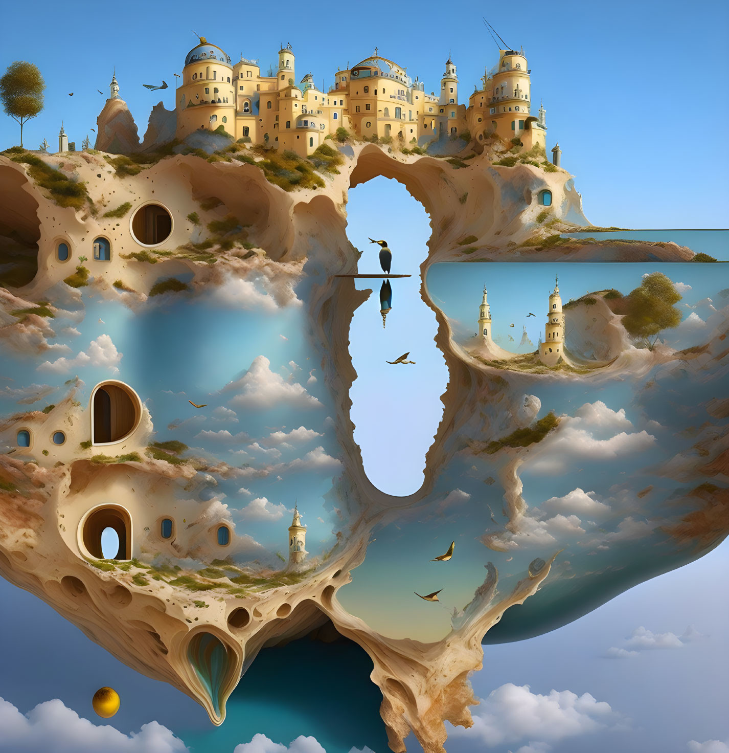 Mirrored castle on surreal floating island with coastal caves and person standing above water under blue sky.