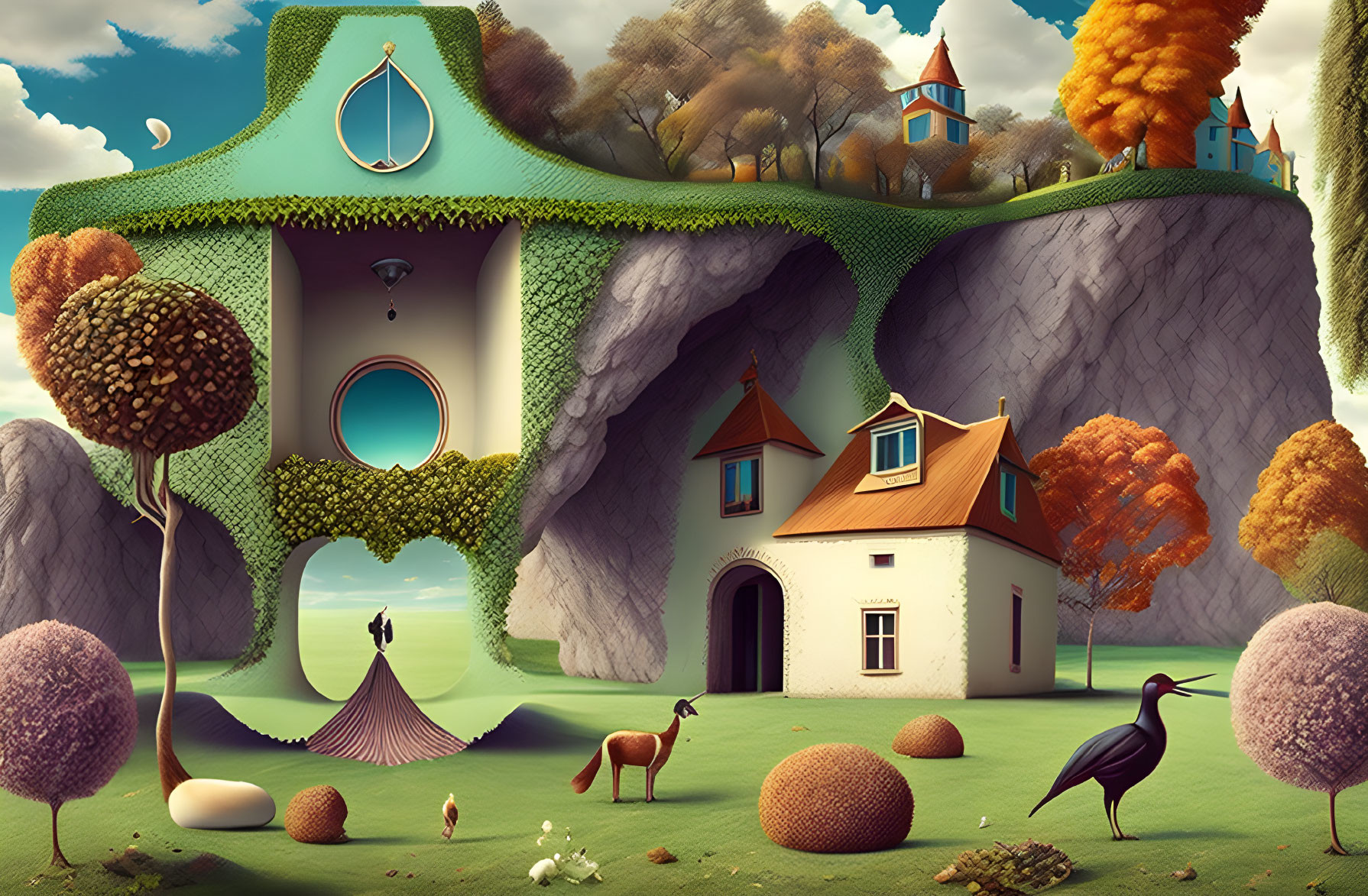 Fantasy-style treehouse in whimsical landscape with colorful trees and grazing animals.