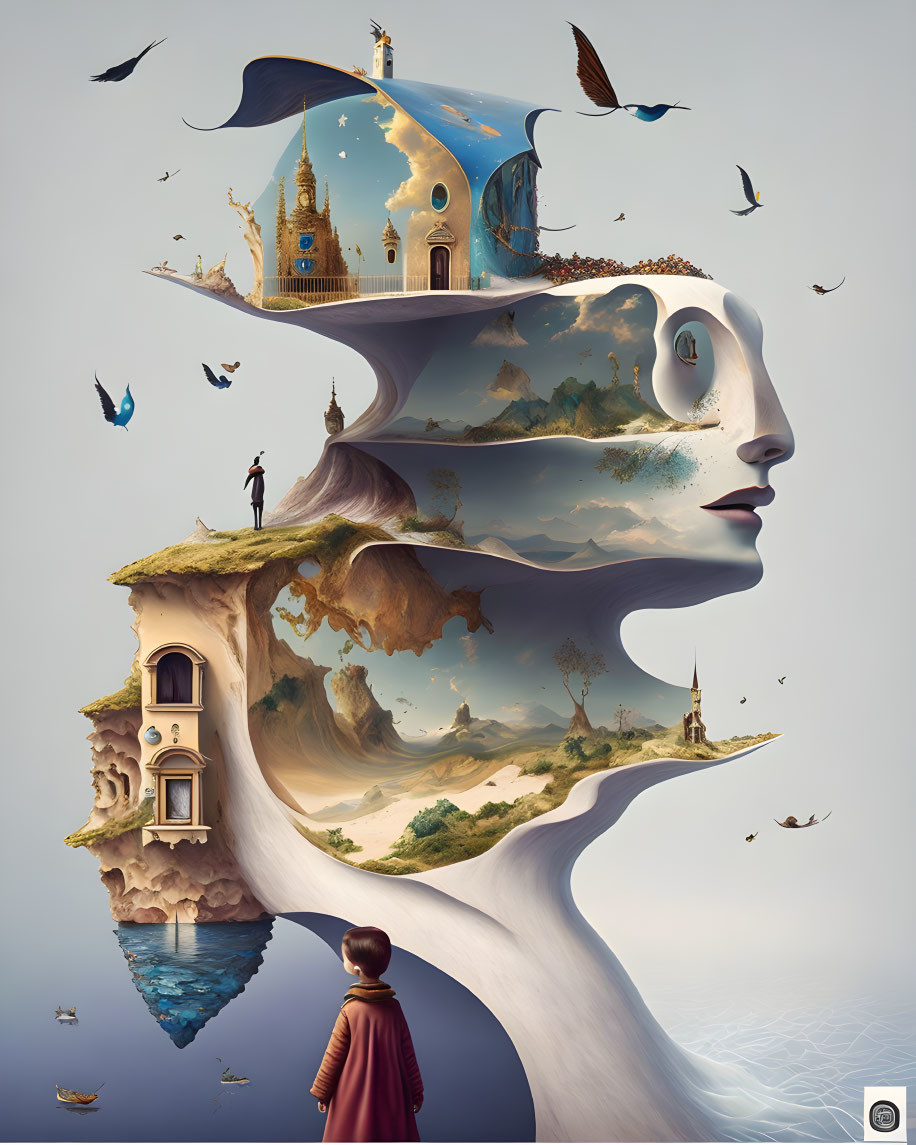 Surreal layered landscape with architectural elements merging into a human face profile, featuring birds, boats,