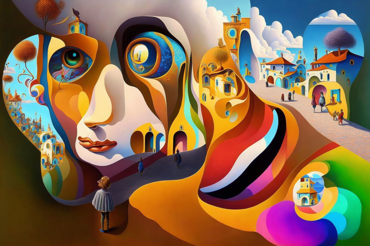 Vibrant surreal artwork blending townscape with faces and optical illusions