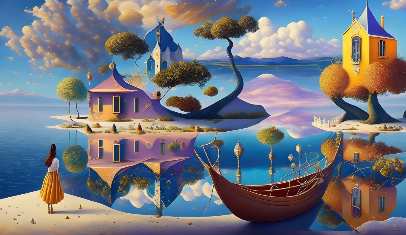 Surreal landscape with woman, floating islands, mirrored trees & colorful buildings