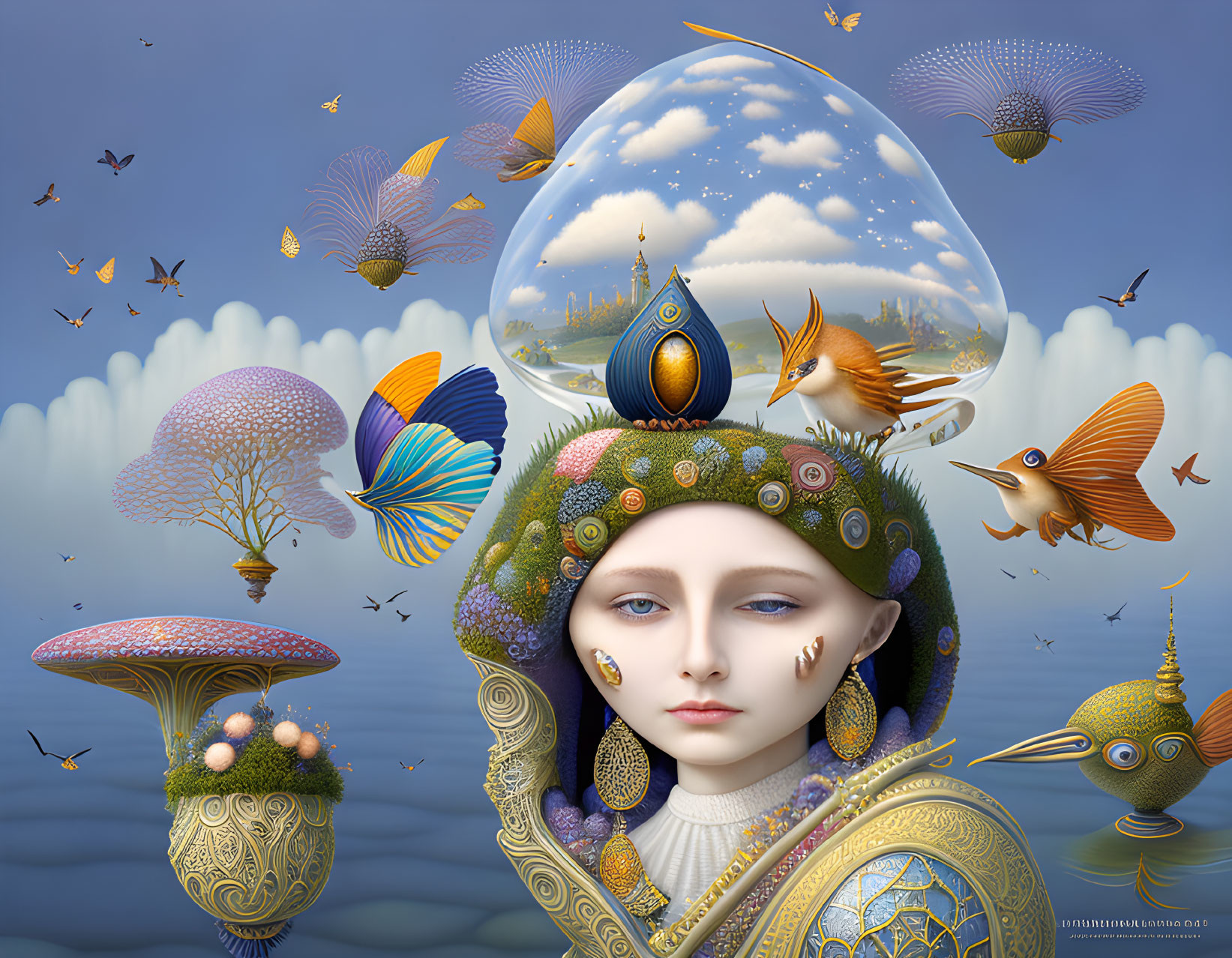 Surreal digital artwork: person with landscape head, bubble, flying fish, mushrooms, clouds