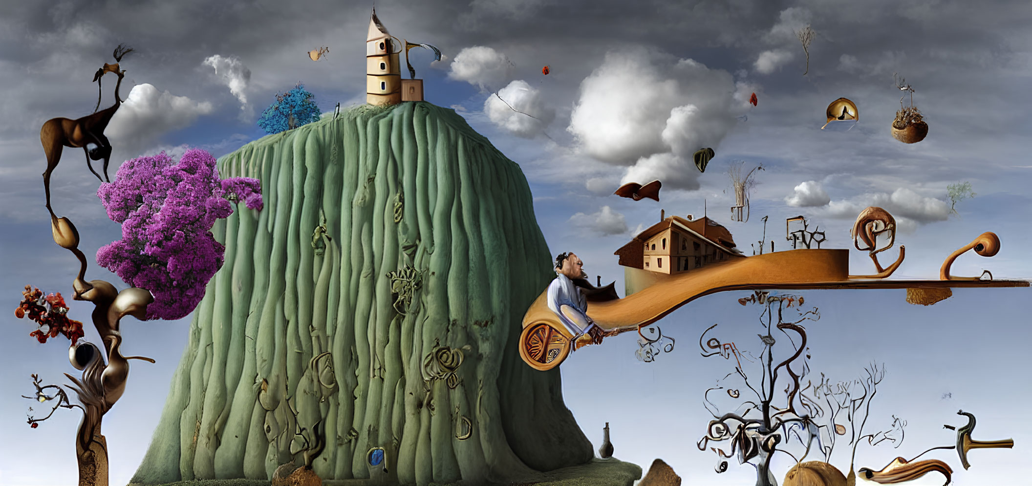 Surreal landscape with man playing violin amid musical symbols
