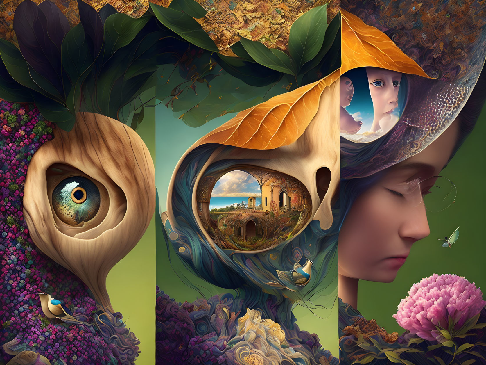 Surreal triptych featuring human eye, landscape, and transparent profile
