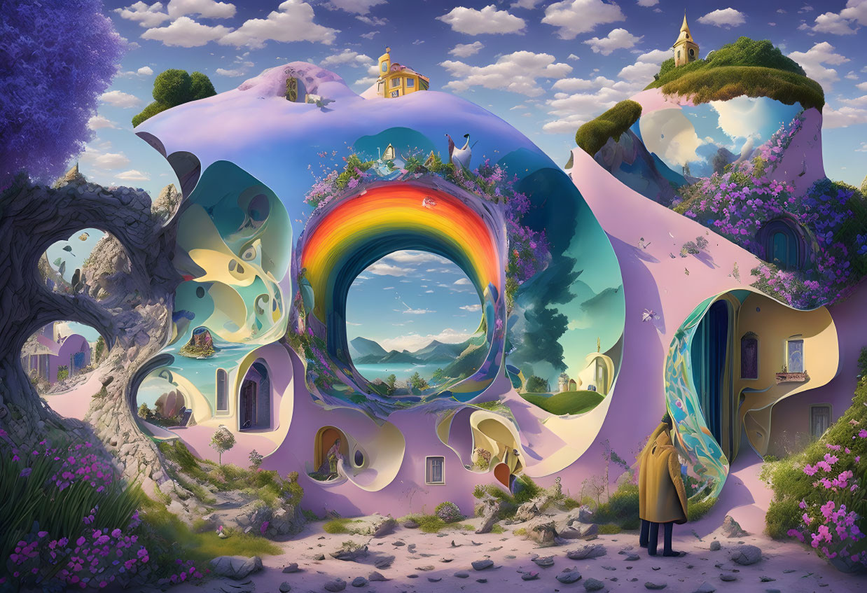 Colorful surreal landscape with rainbow, whimsical structures, and person under blue sky.