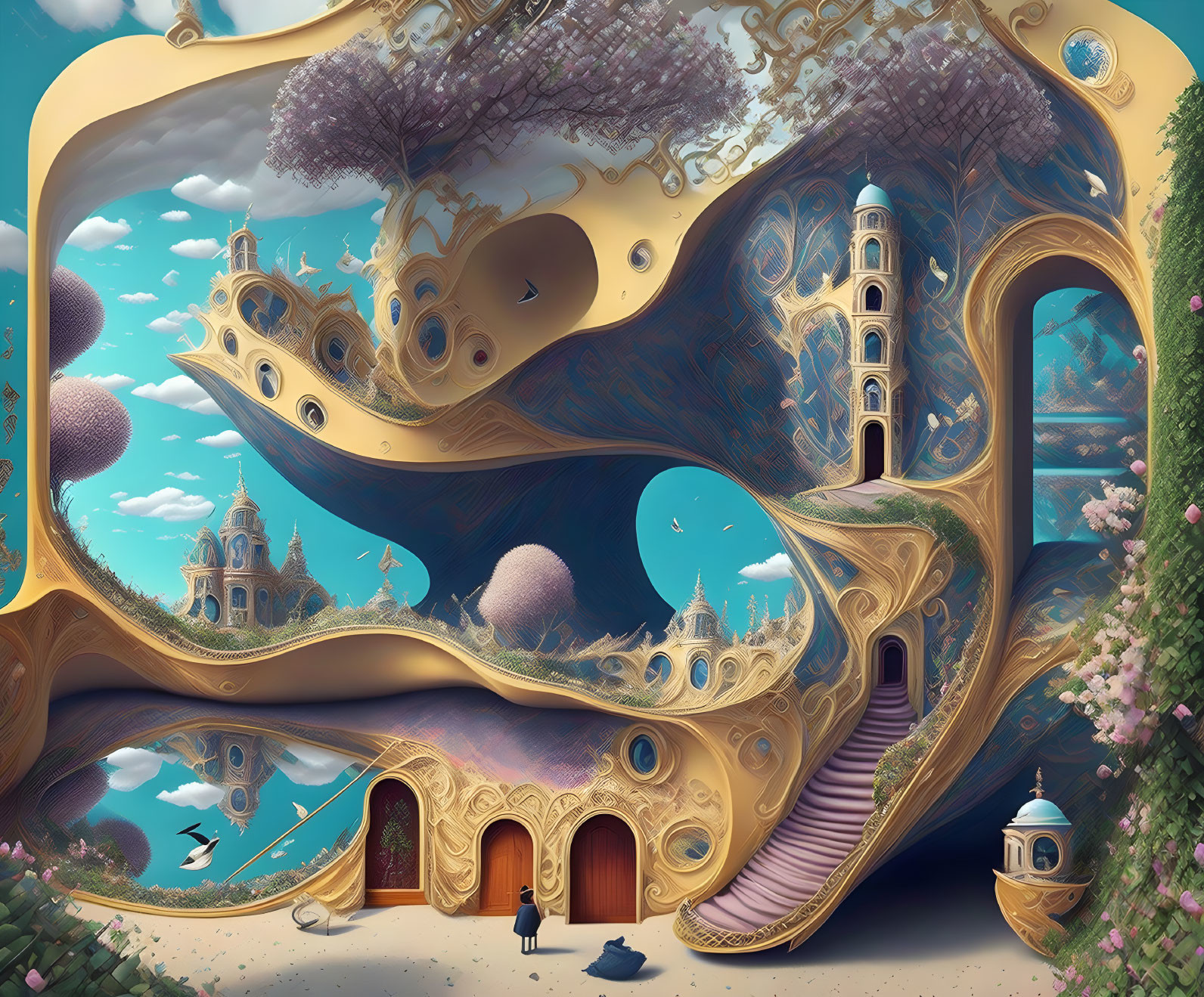 Vibrant surreal landscape with floating islands and whimsical structures