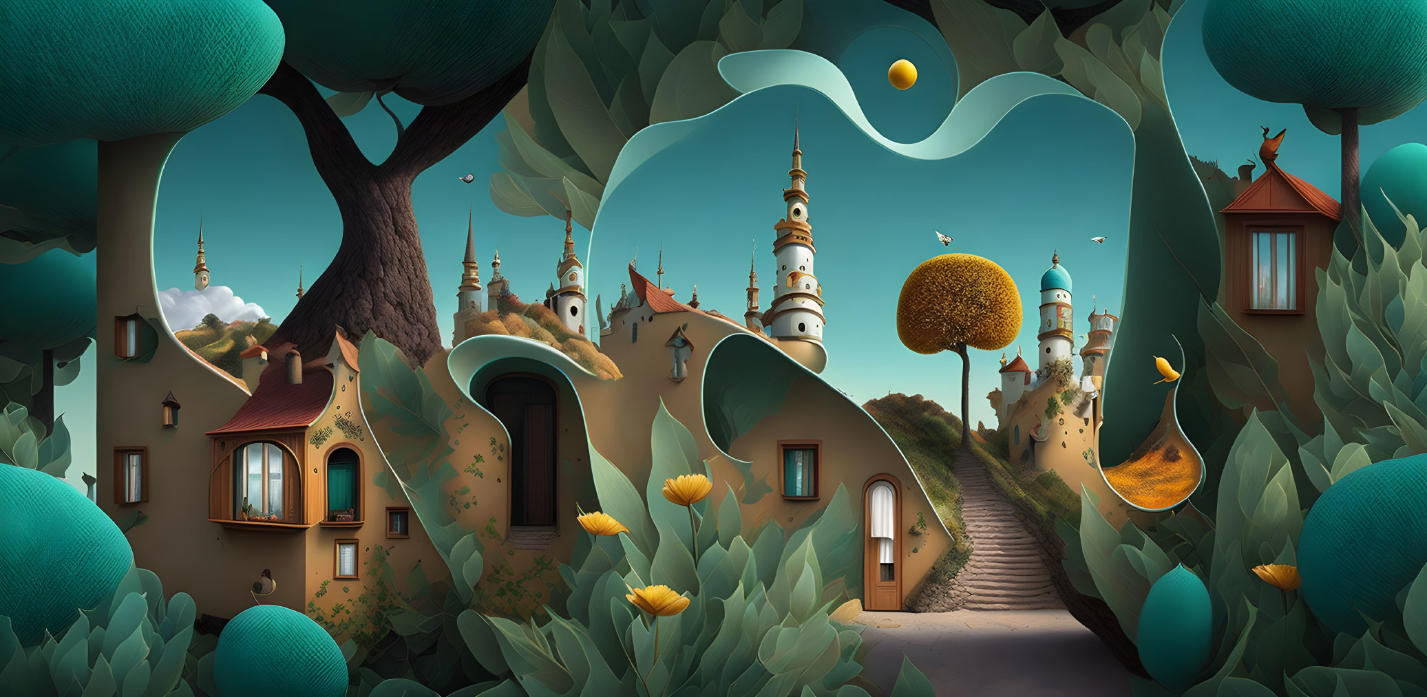 Whimsical landscape with stylized trees, hills, houses, and castle under blue sky