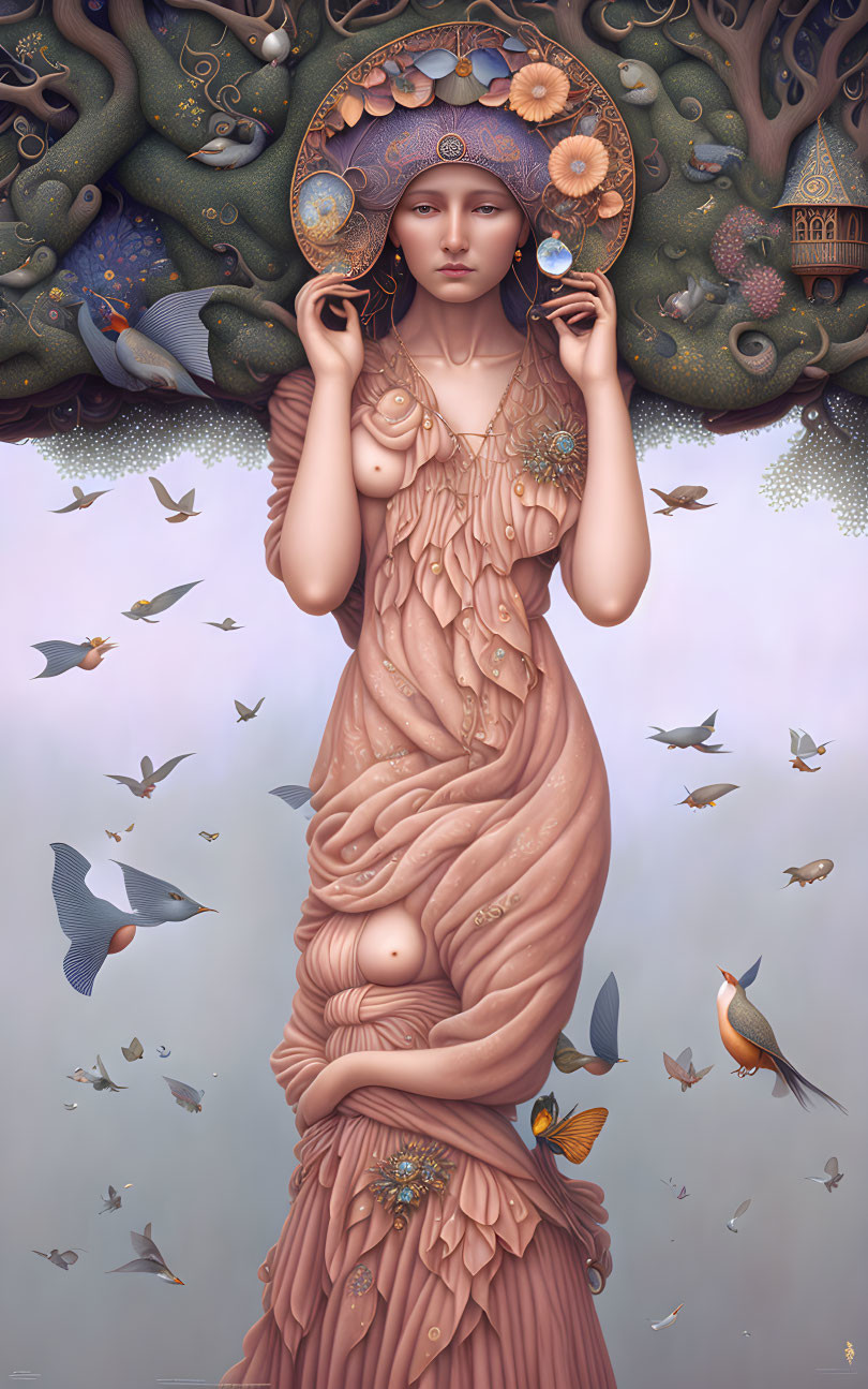 Surreal artwork: Woman in gown with celestial halo, birds, whimsical tree