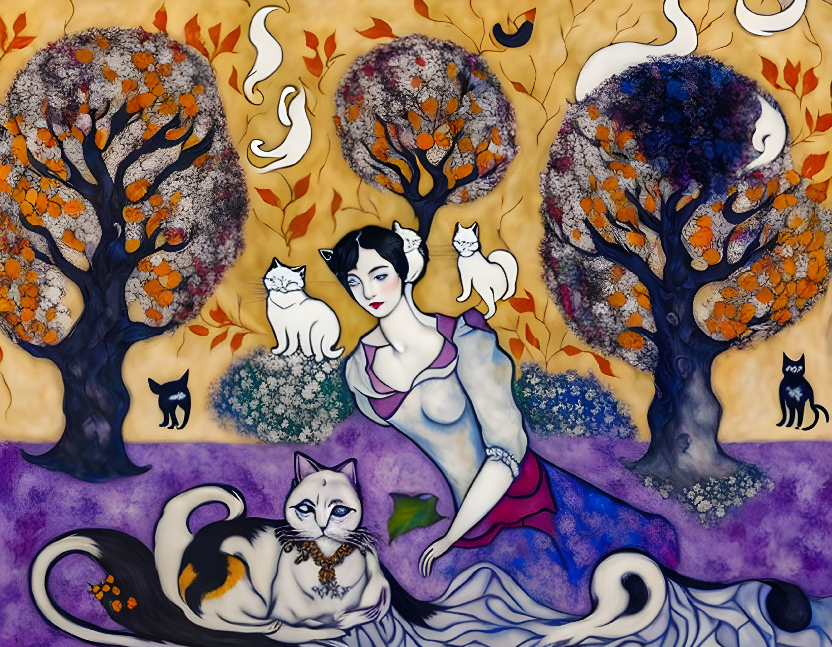 Woman with Cats in Whimsical Fall Landscape