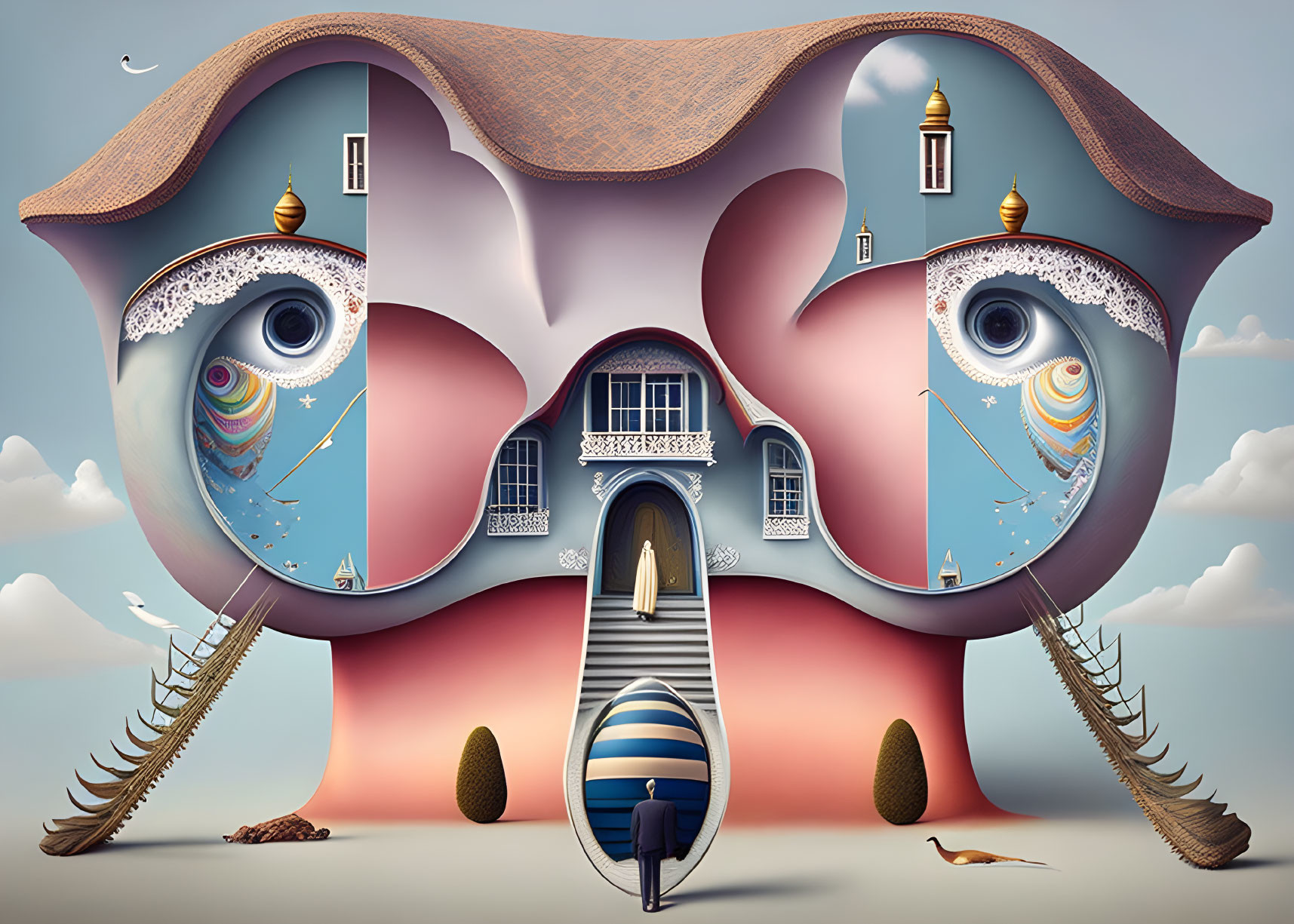 Building with Facial Features and Swirling Cloud Eyes, Staircase to Mouth Door