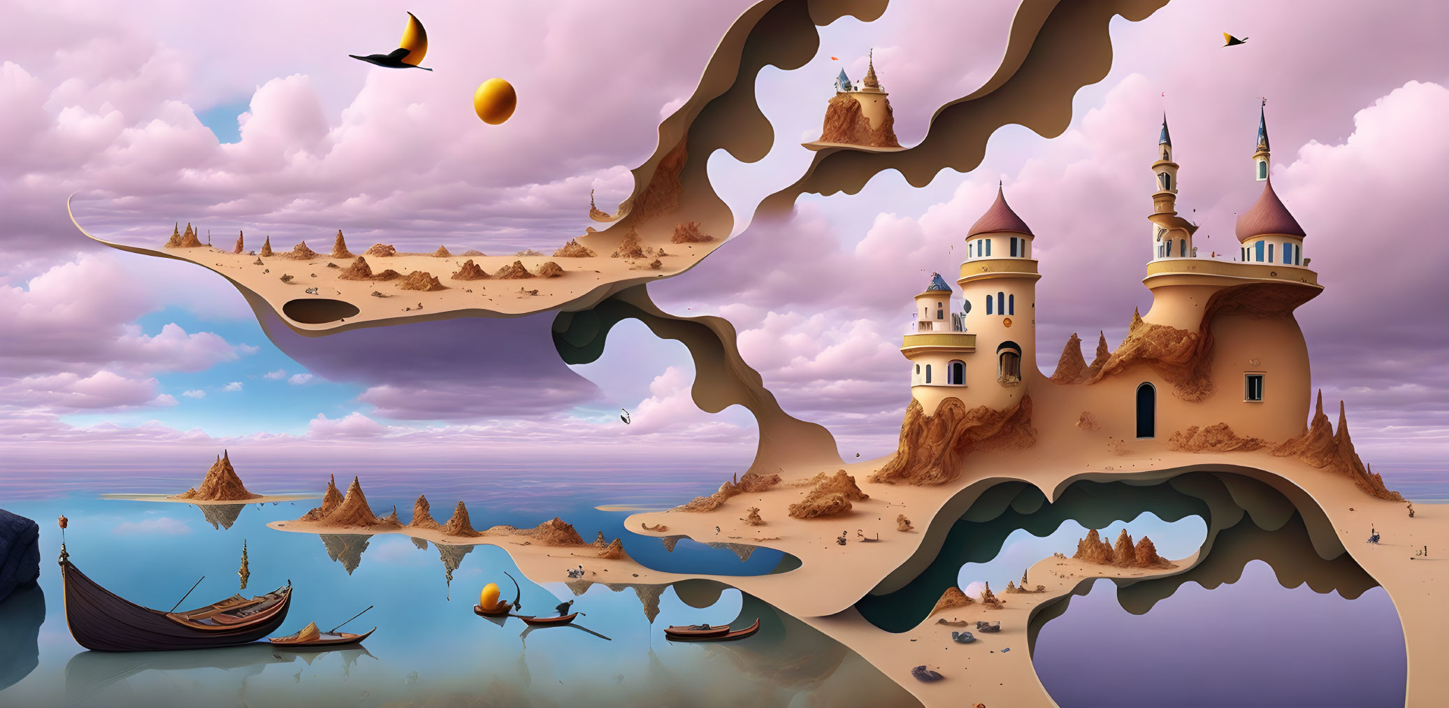 Surreal landscape with floating sandcastles, boats, and purple sky