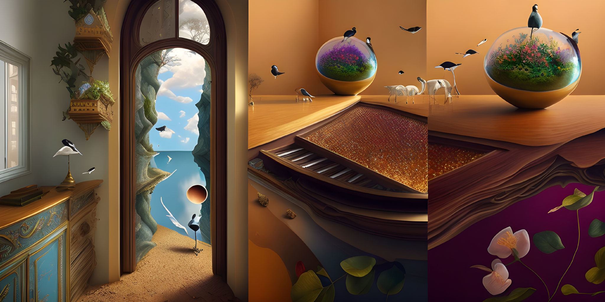 Whimsical triptych of surreal indoor scenes: floating balloon, birds by terrarium, butterflies