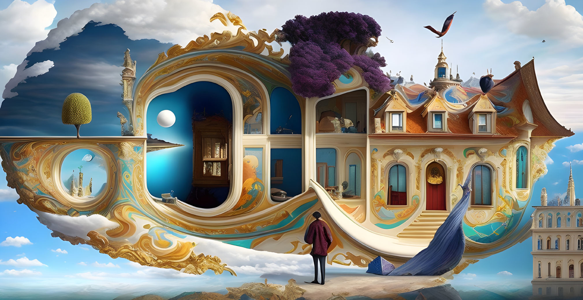 Surreal baroque-style building with peacock and figure in cloudy sky