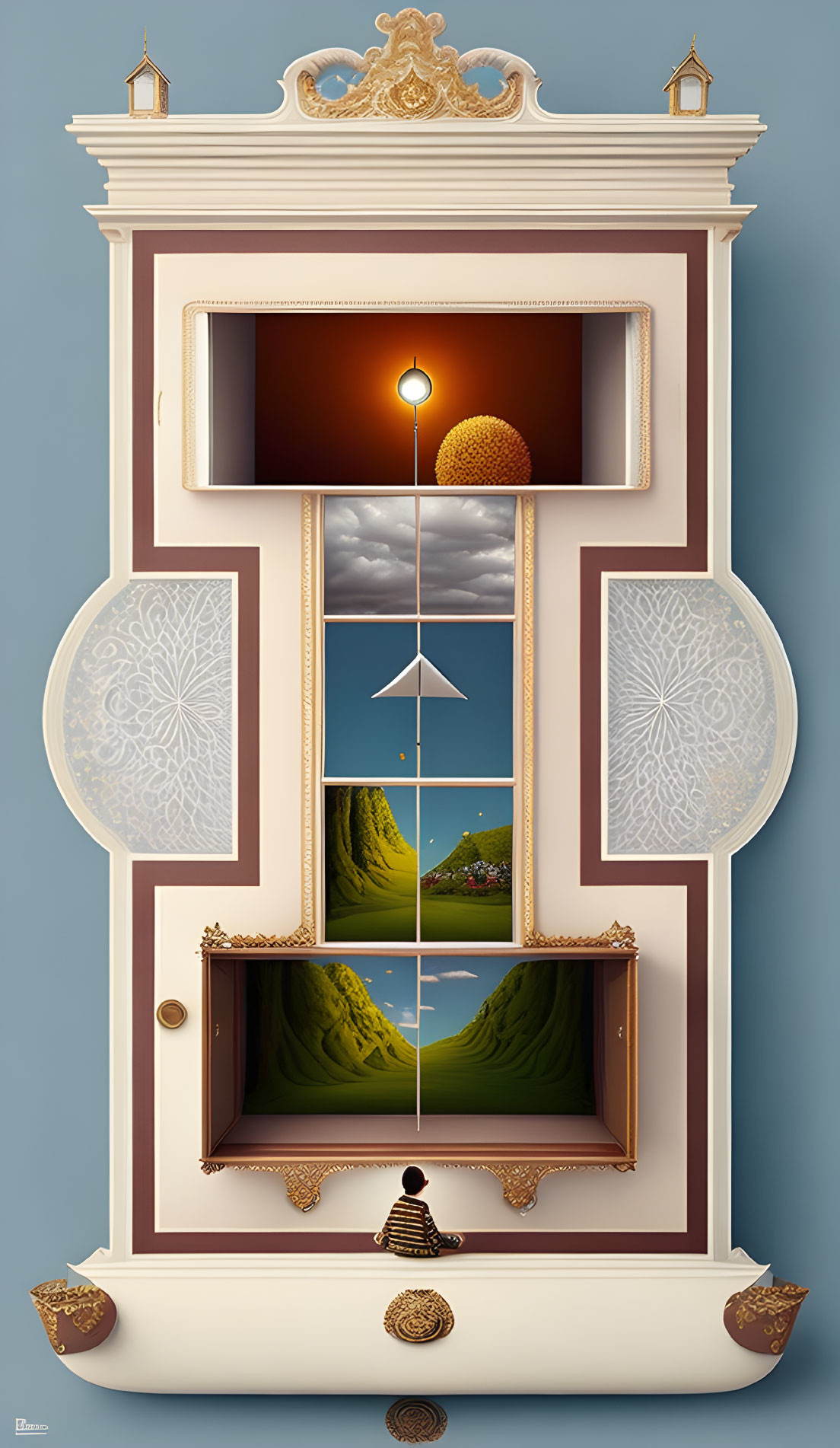 Surreal digital illustration of a grandfather clock with landscape faces and meditating figure