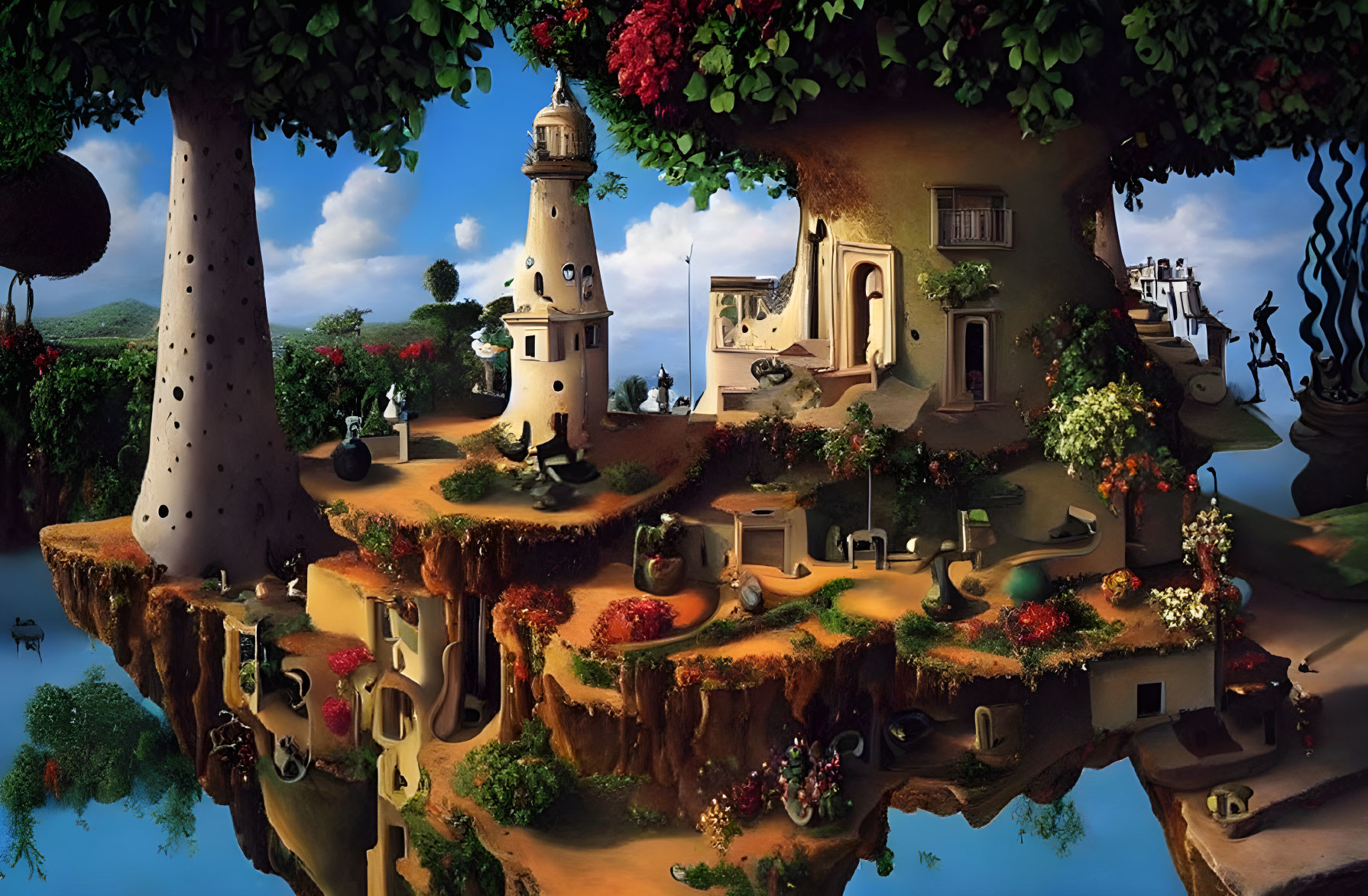Whimsical floating island with lighthouse, tree houses, and lush greenery