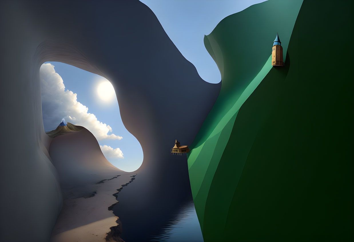 Surreal landscape with floating ships and smooth hills