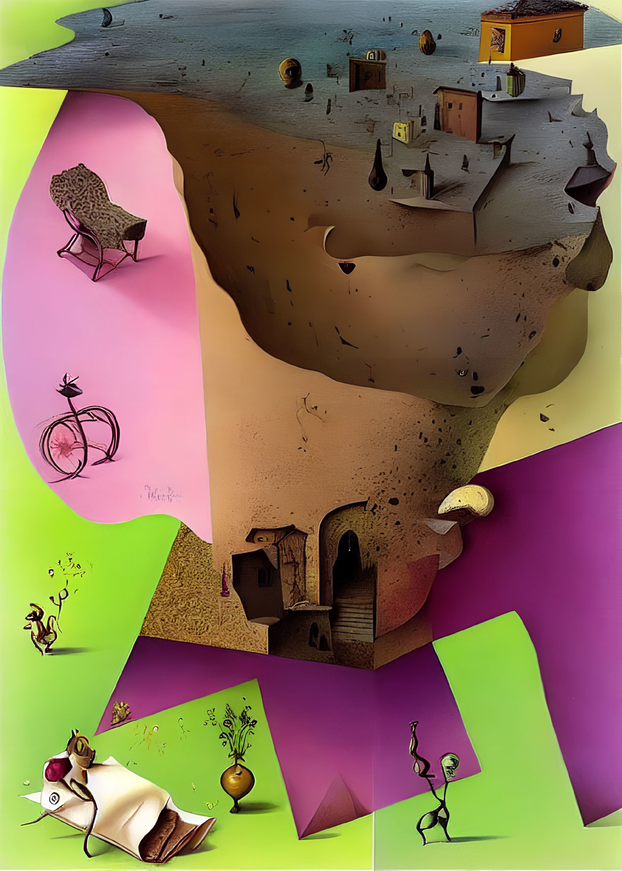 Surreal Artwork: Face-shaped landscape, melting objects, vivid colors, and gravity-defying