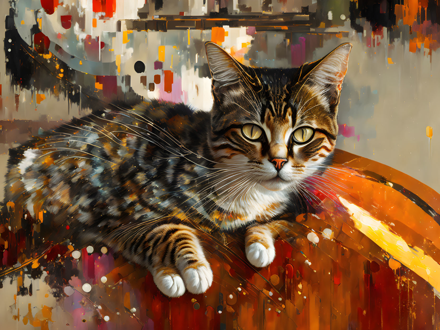 Tabby Cat with Distinctive Markings Resting Against Colorful Abstract Background