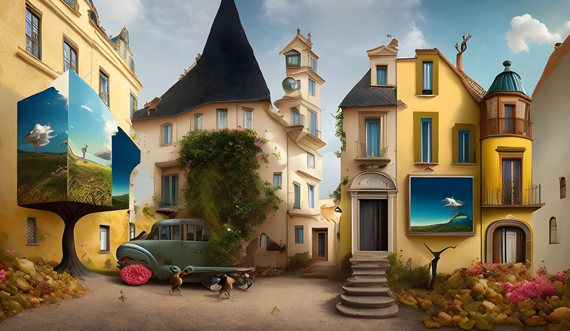 Whimsical street scene with quirky houses, floating islands, old car, and oversized birds