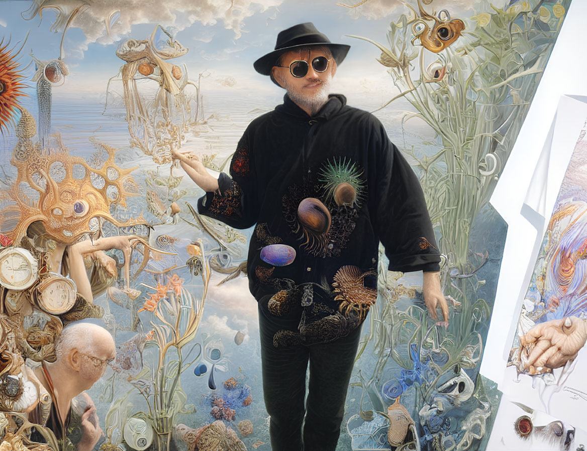 Man in Black Outfit Presenting Surreal Marine Painting