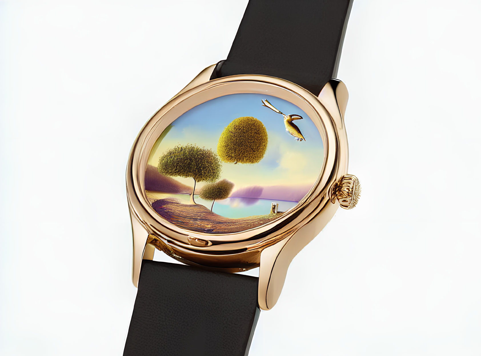 Luxurious Black Strap Watch with Surreal Landscape Dial