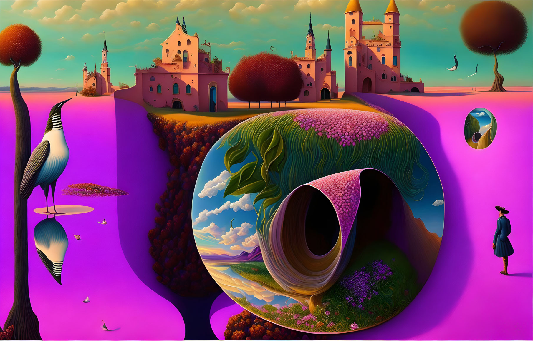 Surreal landscape with whimsical architecture and floating islands