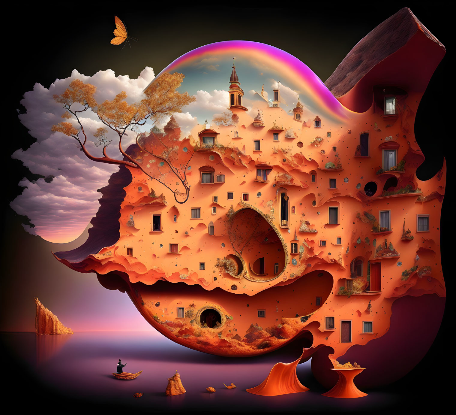 Surreal artwork: orange melting landscape with buildings, trees, butterfly, boat, and irides
