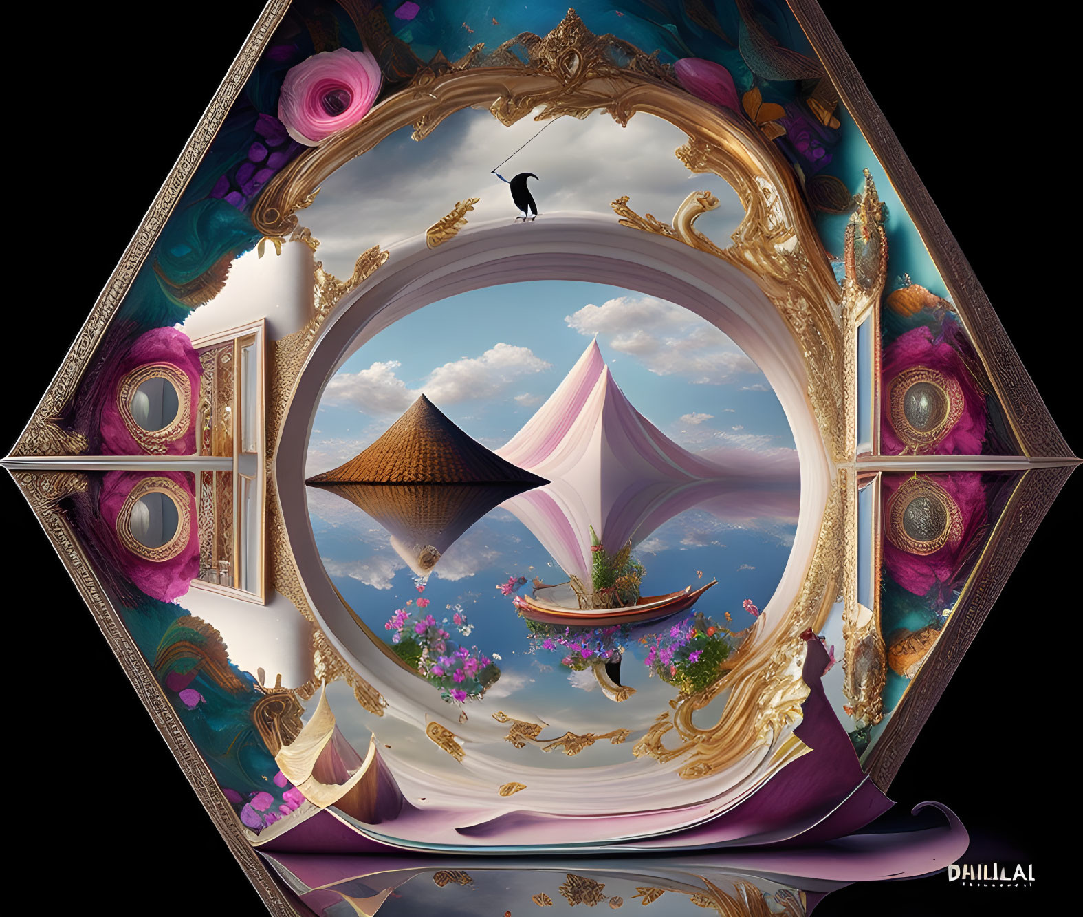 Surreal digital artwork: boat between mirrored worlds, ornate frames, vibrant colors