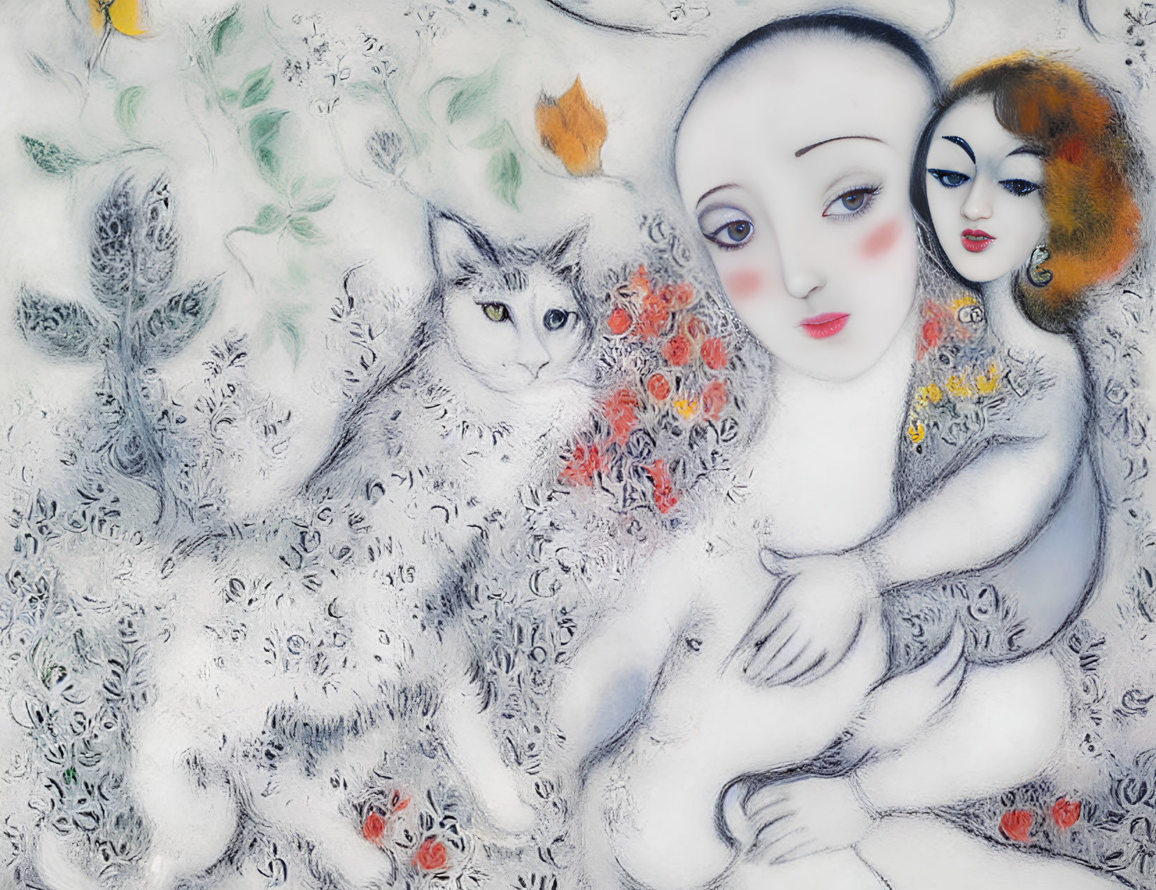 Surreal painting featuring expressive eyes, rosy-cheeked figures, and a cat in floral