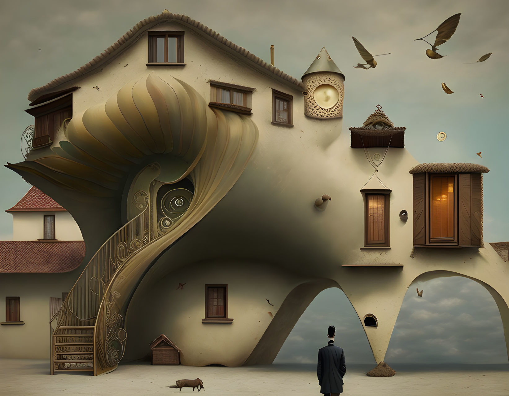 Surreal man standing by whimsical building and gramophone under dusky sky