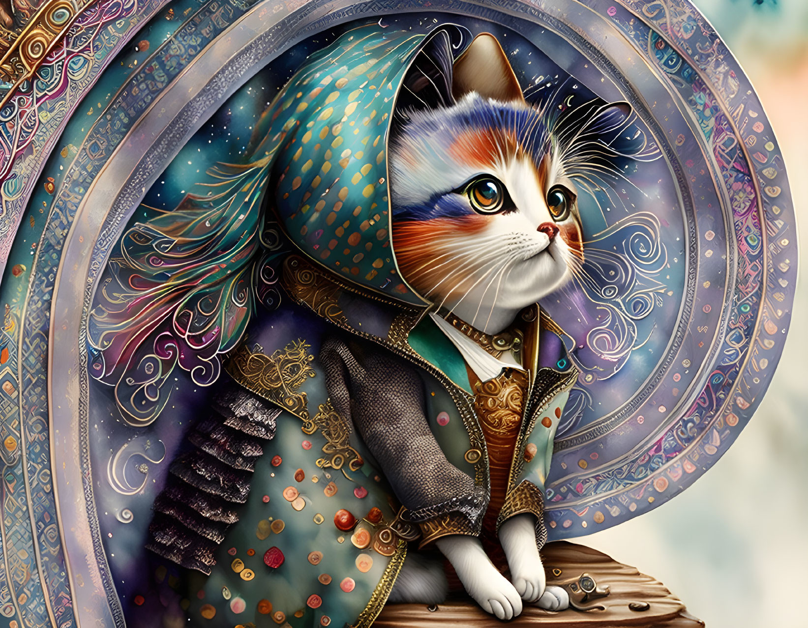 Intricately designed cat with human-like features in royal attire on patterned background