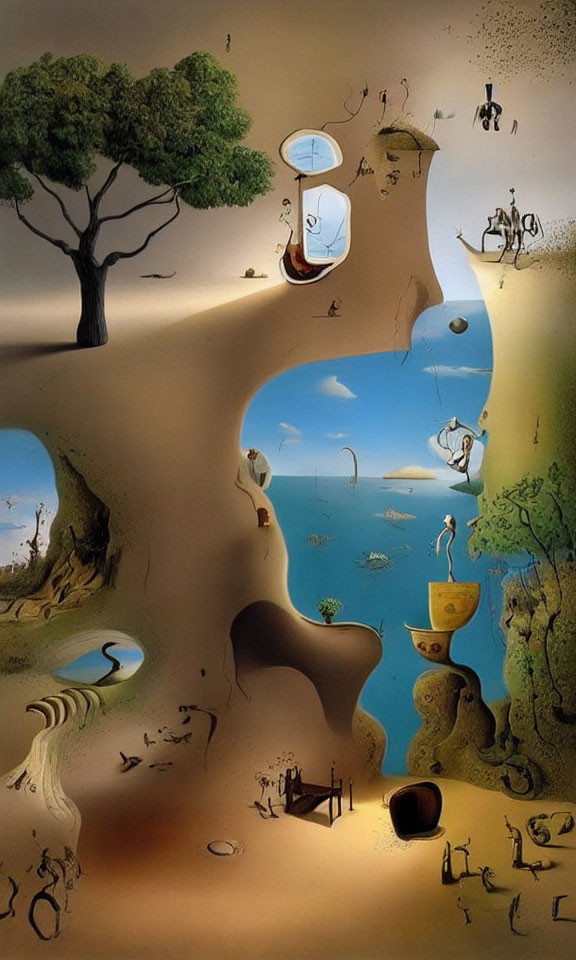 Surrealist artwork: dreamlike landscape with distorted proportions