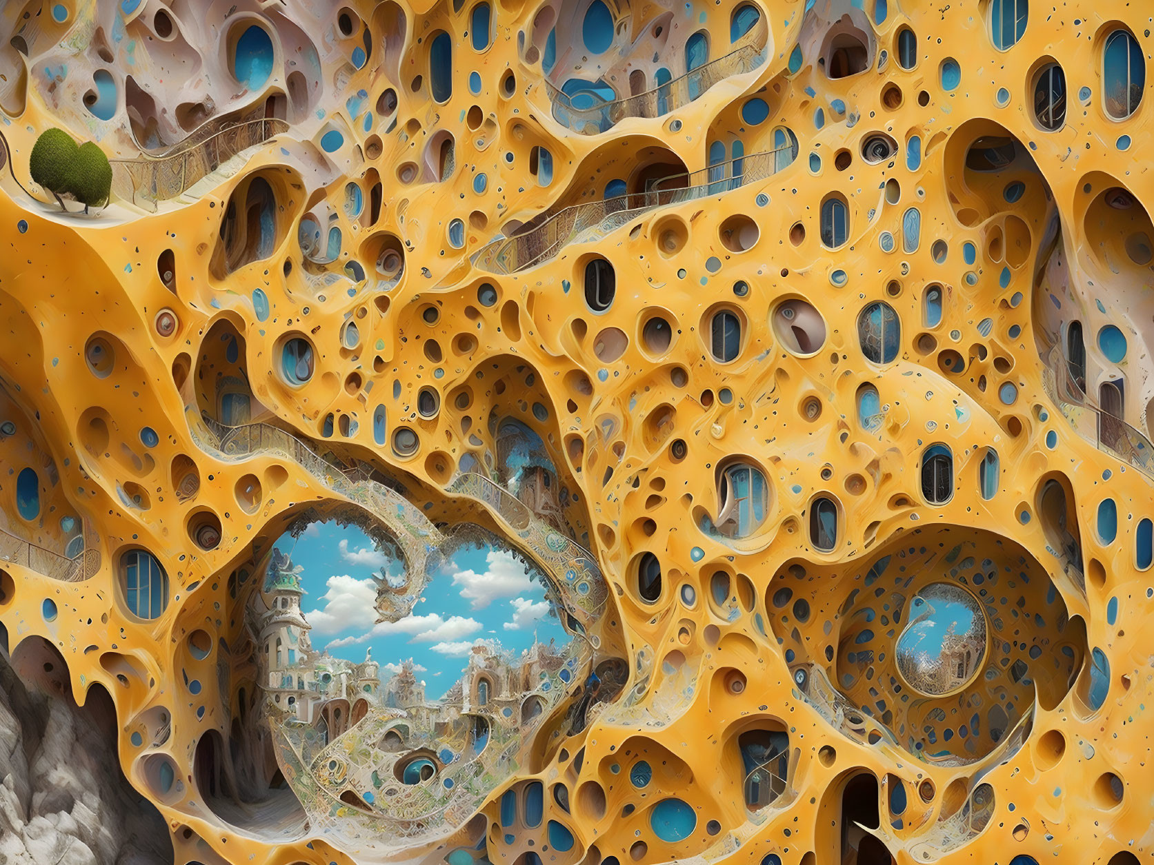 Surreal honeycomb-like structures with circular openings and distant architecture among rock formations