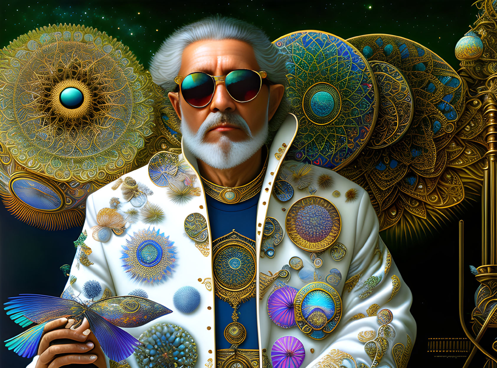 Elderly man with white beard and peacock feather in stylish attire