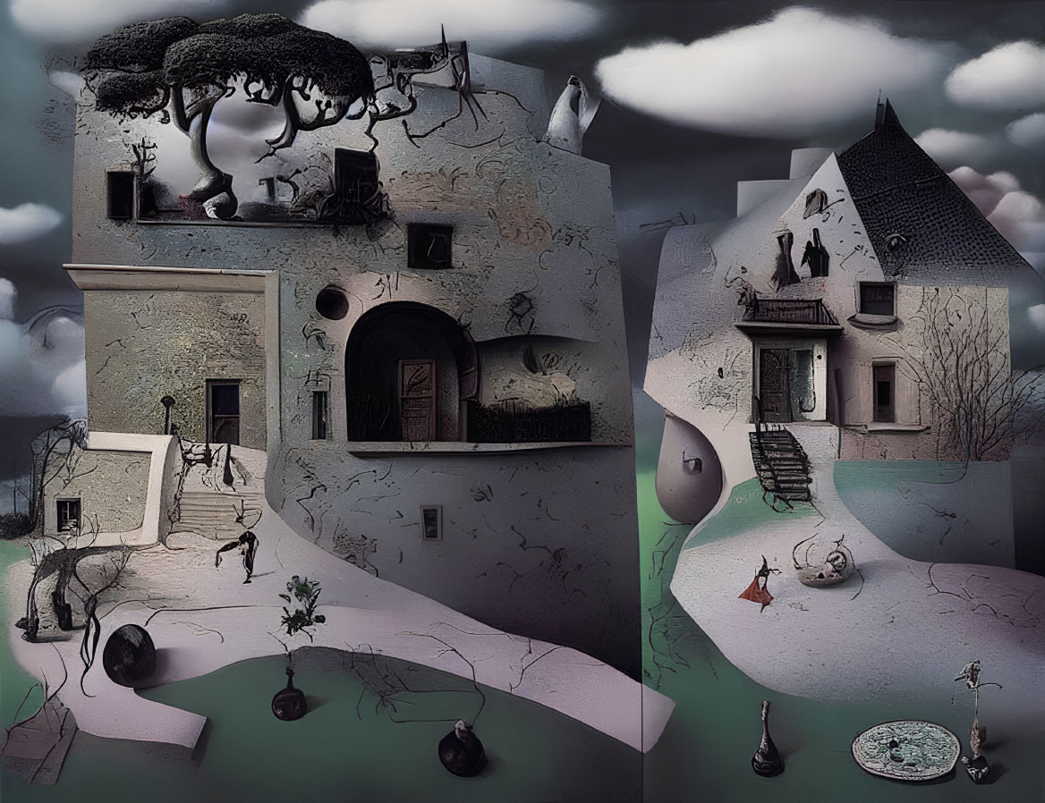 Surreal painting of disjointed buildings and whimsical shapes