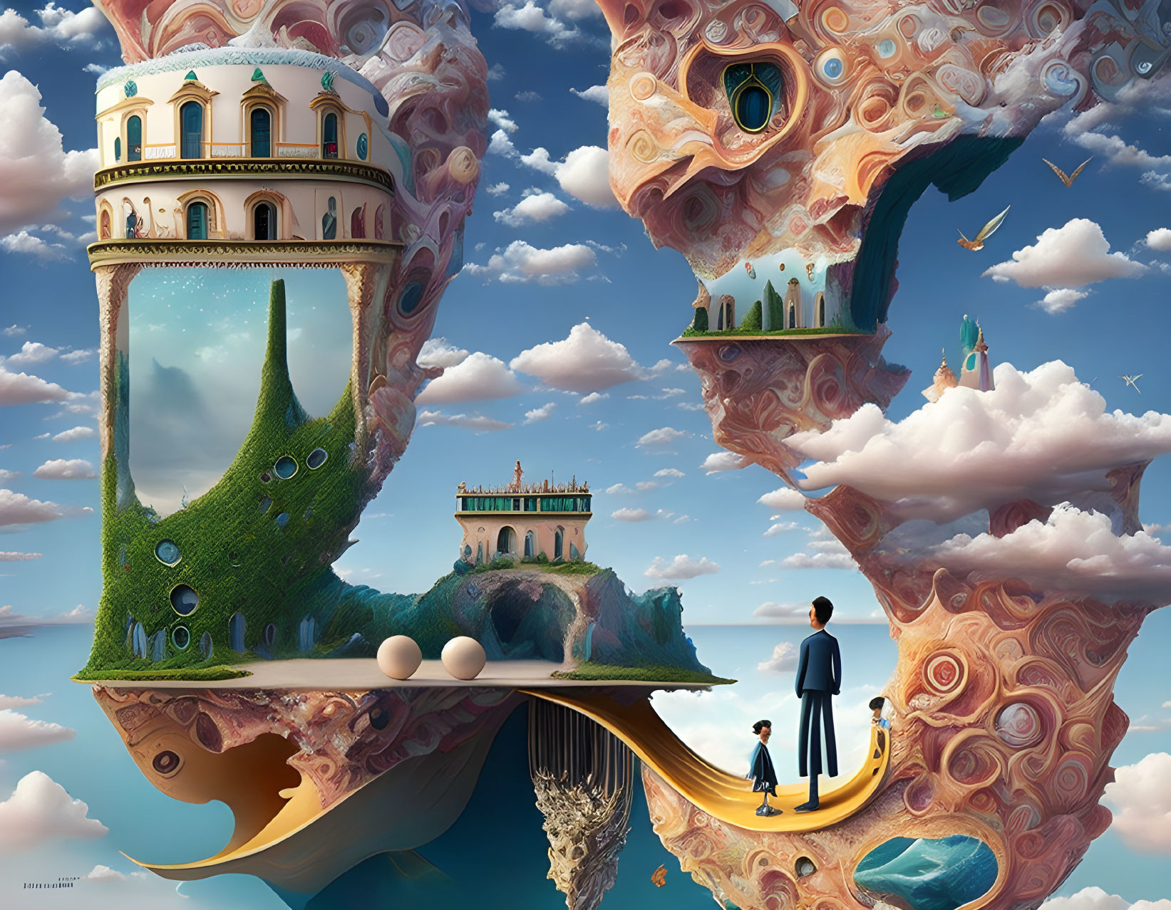 Surreal artwork: Floating island structures with classical buildings, trees, man and child in cloud-filled
