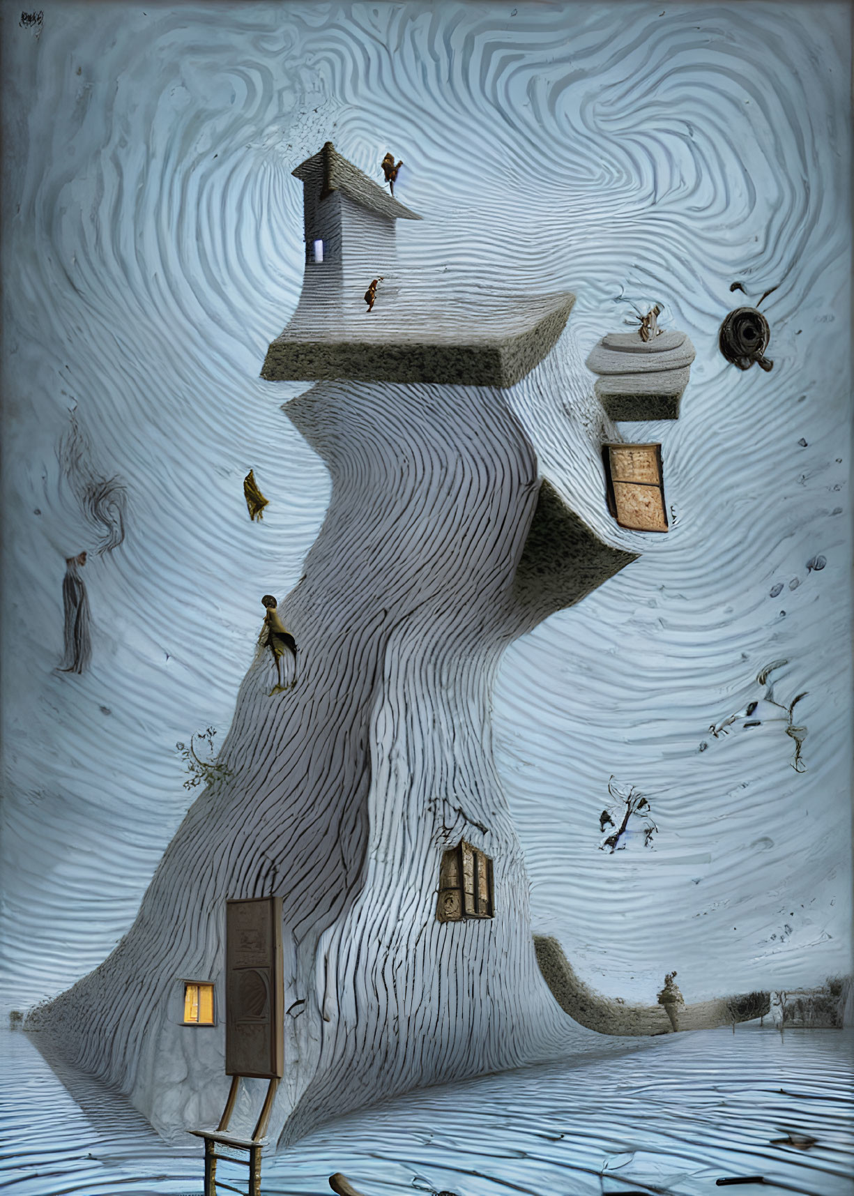 Surreal Tree Structure with Door, Windows, and House, Surrounded by Floating Figures