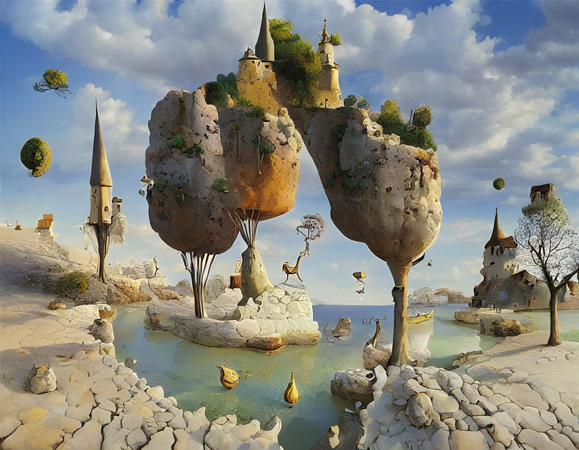 Surreal landscape featuring floating rock islands, whimsical castles, scattered trees, and cloudy blue