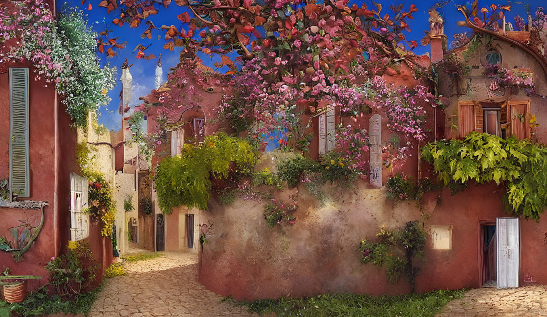 Charming cobblestone street with vibrant flowers and terracotta walls