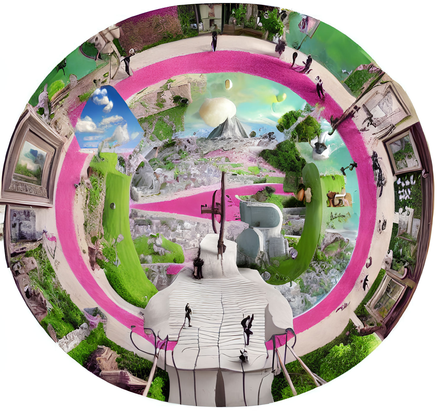 Circular Panorama Collage: People, Architecture, Nature, and Artwork in Surreal Scene
