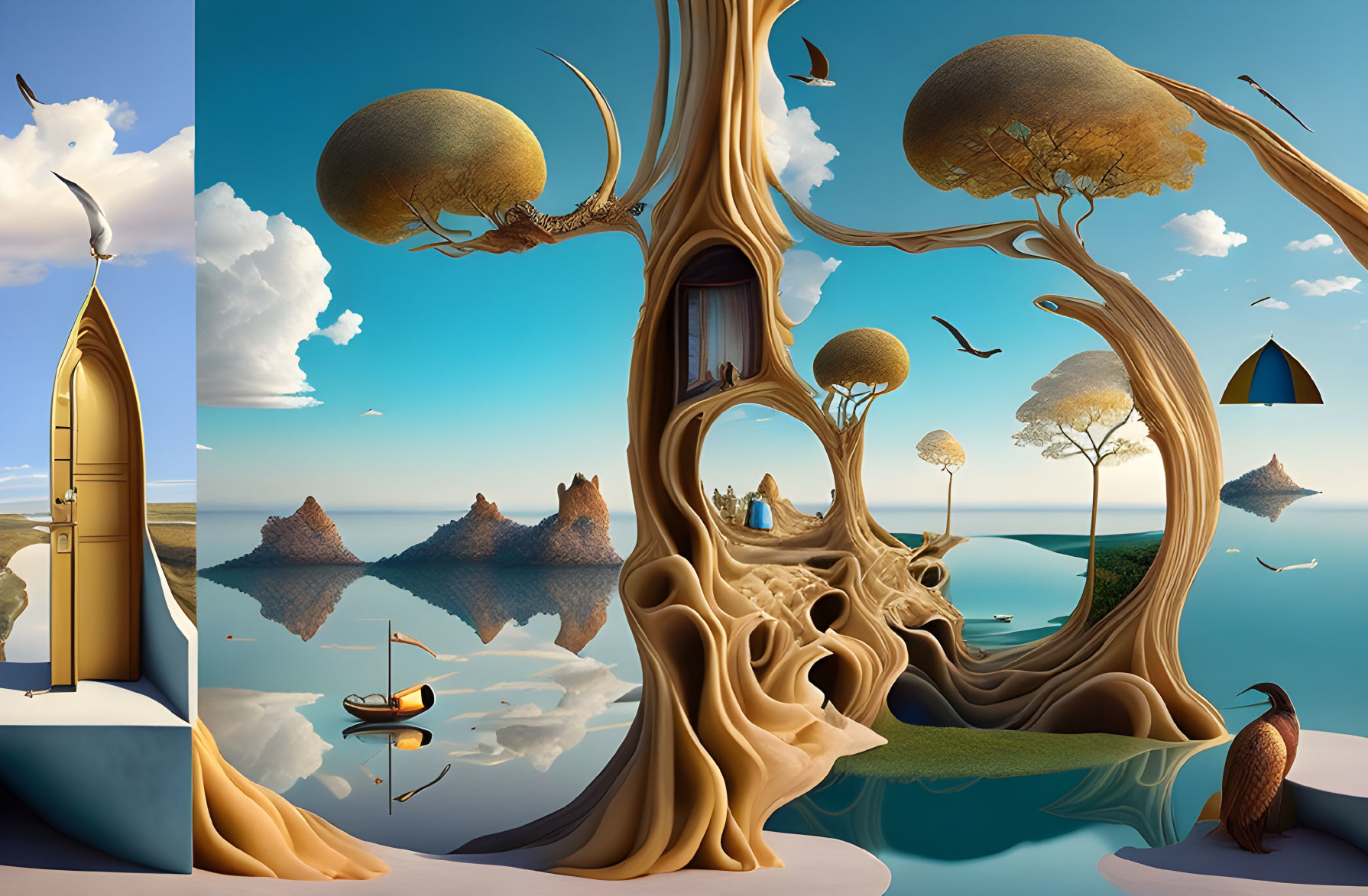 Surreal landscape with massive tree, floating islands, boat, and whimsical buildings
