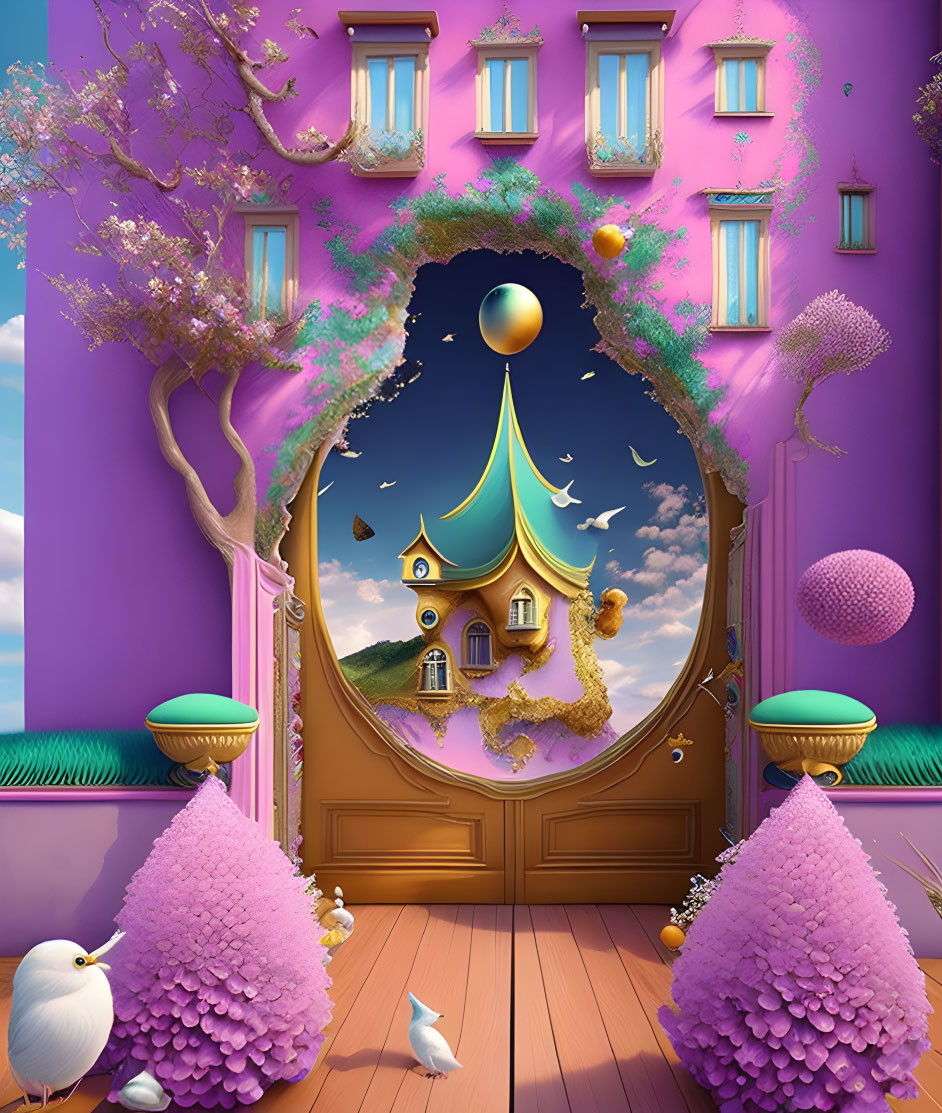 Whimsical purple room with floating golden castle and surreal landscape