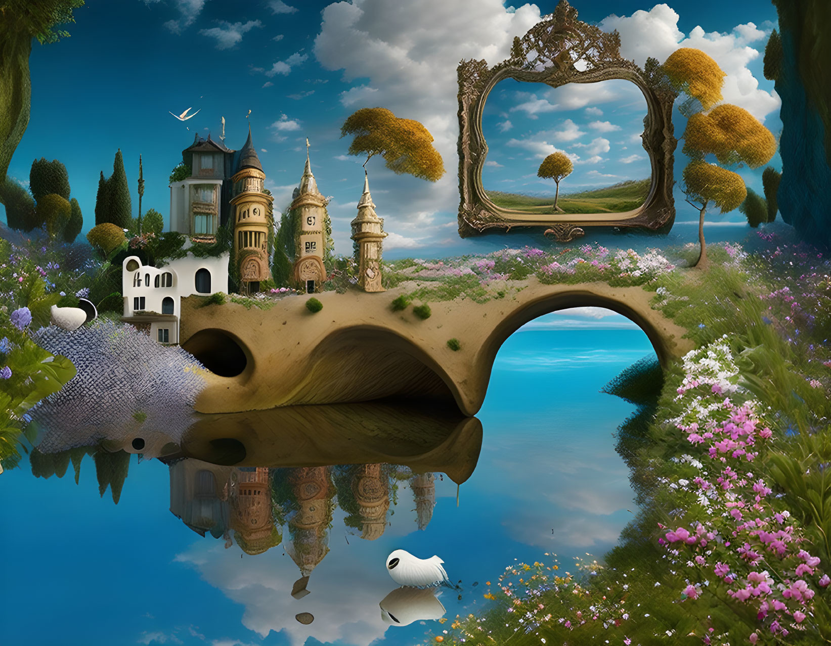 Surreal fairytale landscape with castles, mirror bridge, swans, and colorful flora