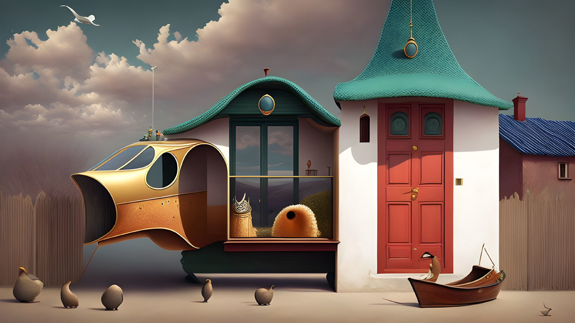Whimsical house with copper plane, seagulls, ducks, and wooden boat